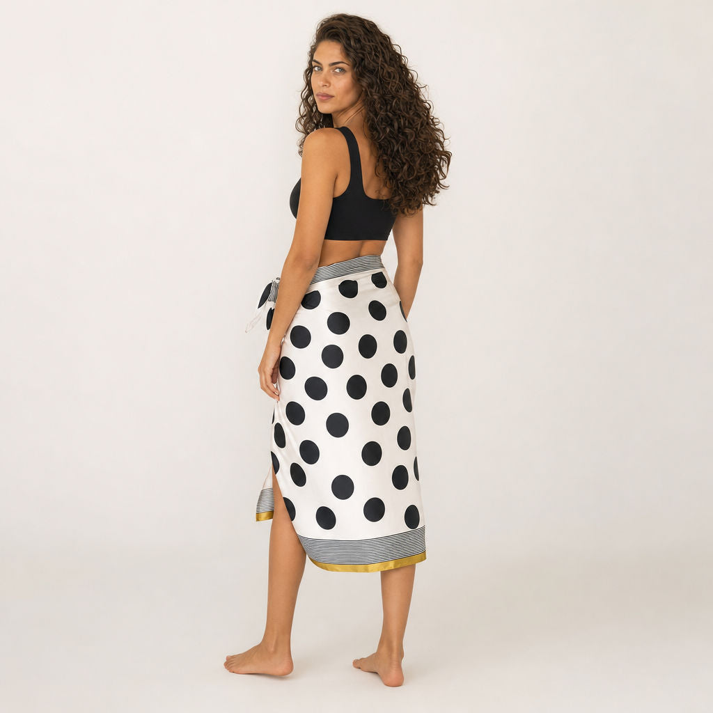 Back view of Polka Dot Satin Sarong showing wrap construction and gold border