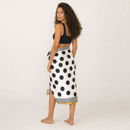 Back view of Polka Dot Satin Sarong showing wrap construction and gold border