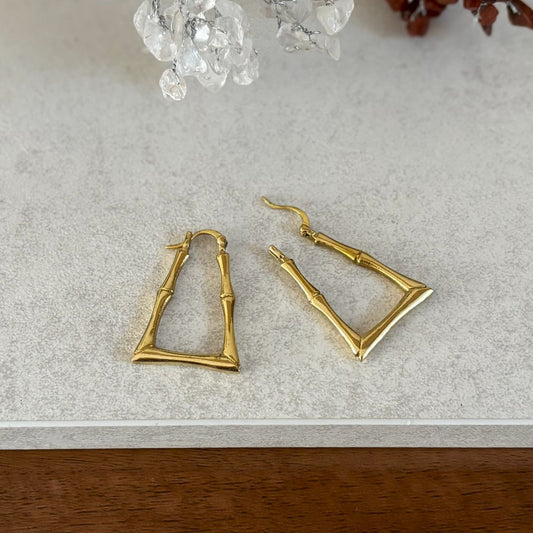 Close-up of the hinged latch-back closure on Polished Brass Bamboo Hoop Earrings — Golden Grove