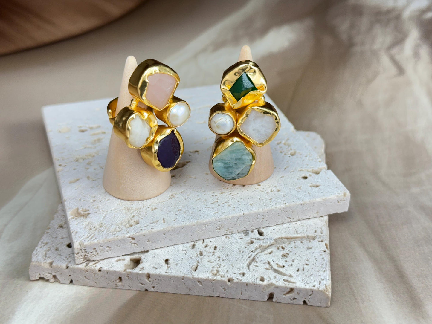 Bold Harmony Natural Stone Cluster Rings – Handcrafted  18k Gold-Plated Brass Statement Jewelry.