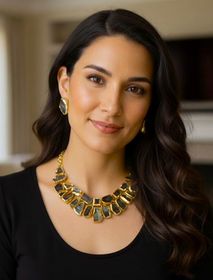 Raw Labradorite Necklace & Stud Earring Set – 18k Gold Plated.