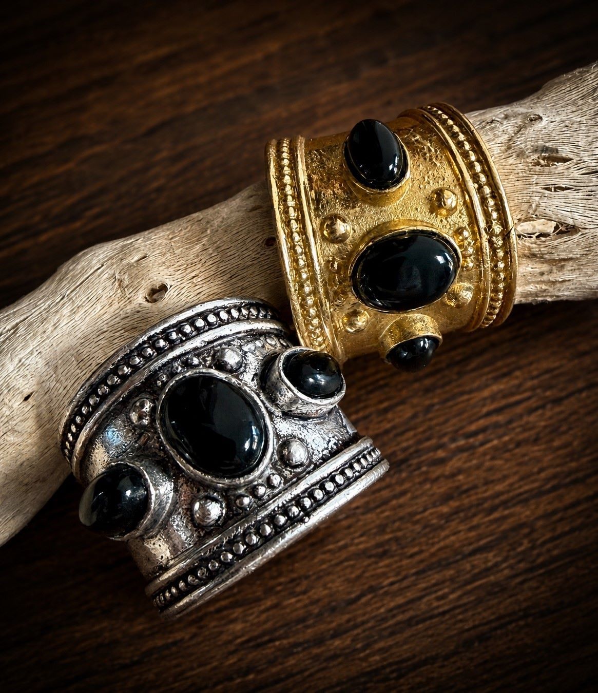 Byzantine Gemstone Statement Ring — Temple Relic in gold and silver finishes with black onyx
