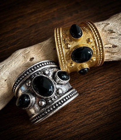 Byzantine Gemstone Statement Ring — Temple Relic in gold and silver finishes with black onyx