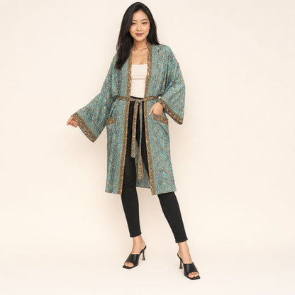 Metallic Floral Viscose Kimono Gilded Garden — mid length, knee-length drape