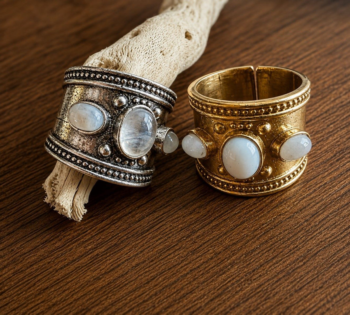 Byzantine Gemstone Statement Ring — Temple Relic in gold and silver finishes with moonstone