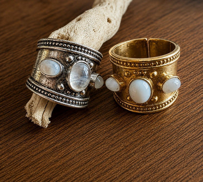 Byzantine Gemstone Statement Ring — Temple Relic in gold and silver finishes with moonstone