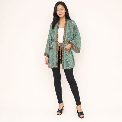 Metallic Floral Viscose Kimono Gilded Garden — short length, mid-thigh cut