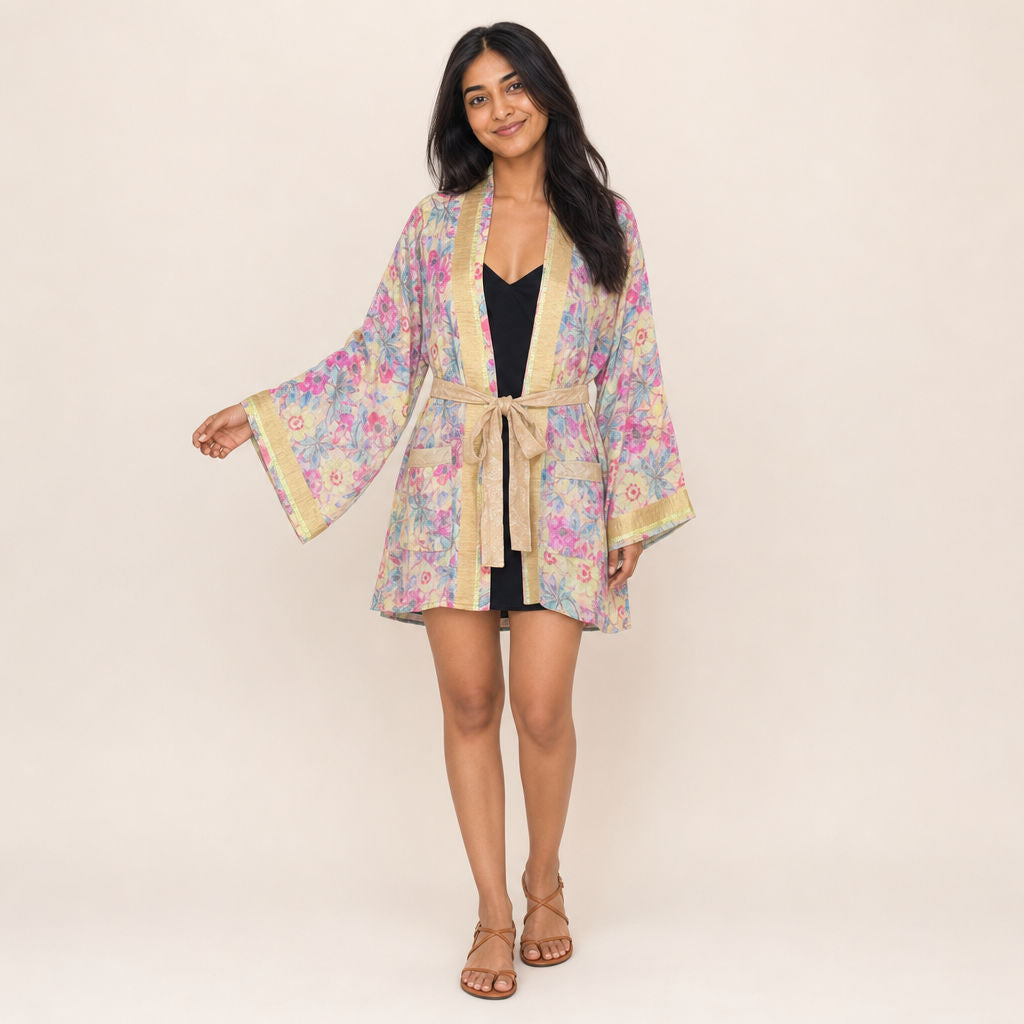 Watercolour Floral Georgette Kimono Garden Reverie - gold zari borders, open front, by Boho Mantra