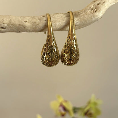 Brass Lattice Crescent Hoop Earrings — Desert Lantern - solid brass hoop earrings hanging on driftwood by Boho Mantra