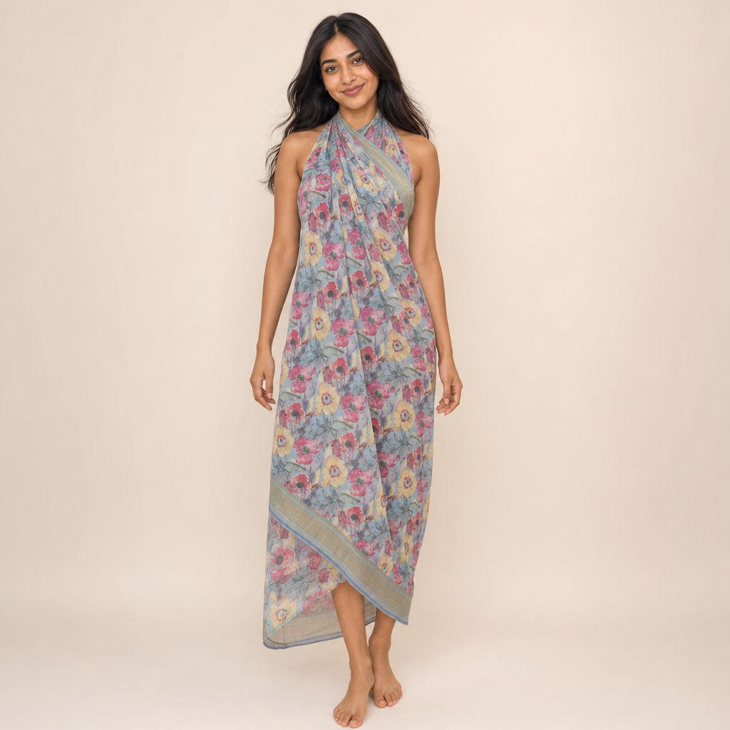 Watercolour Floral Sarong Aegean Bloom - georgette halter dress front view by Boho Mantra