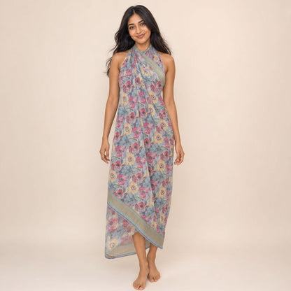 Watercolour Floral Sarong Aegean Bloom - georgette halter dress front view by Boho Mantra