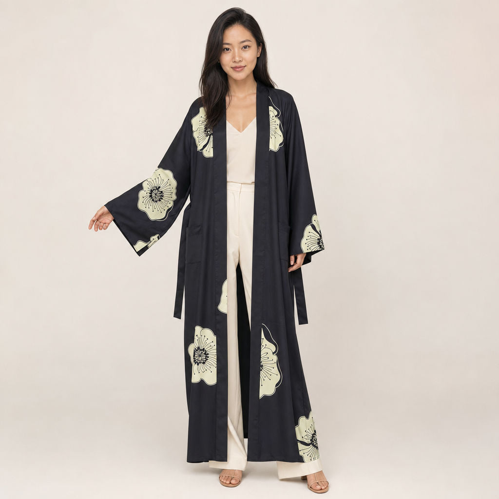 Floral Viscose Kimono Midnight Bloom - cream floral print on black viscose by Boho Mantra