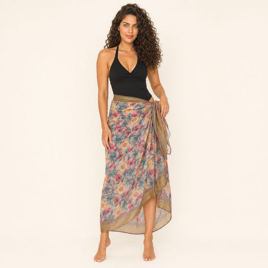 Watercolour Floral Sarong — Coral Drift, georgette sarong with gold-zari borders by Boho Mantra
