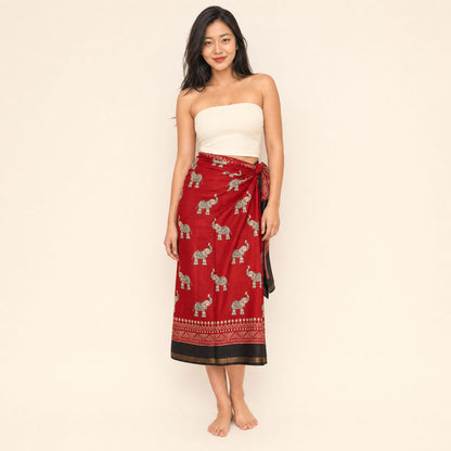 Elephant Print Sarong — Scarlet Tide, scarlet cotton-silk beach cover-up sarong by Boho Mantra