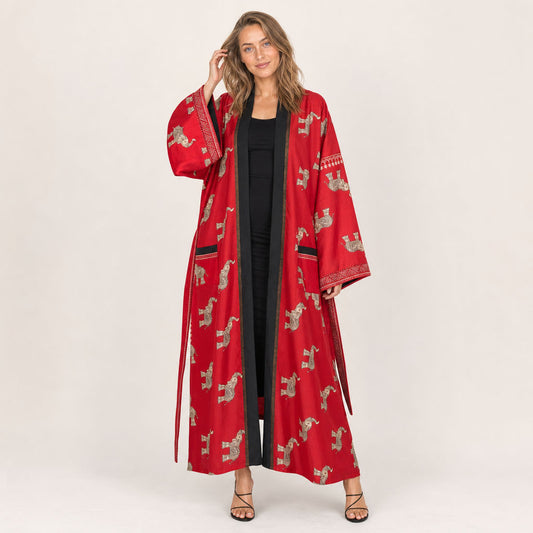 Elephant Print Cotton Silk Kimono Temple Parade - vermilion red cotton-silk kimono by Boho Mantra