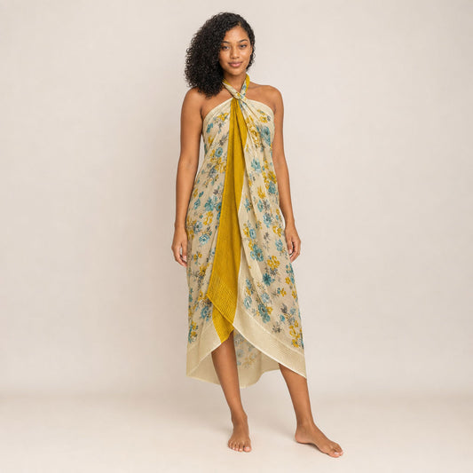 Floral georgette sarong by Boho Mantra — Marigold Tide, worn as an open-back halter dress, front view