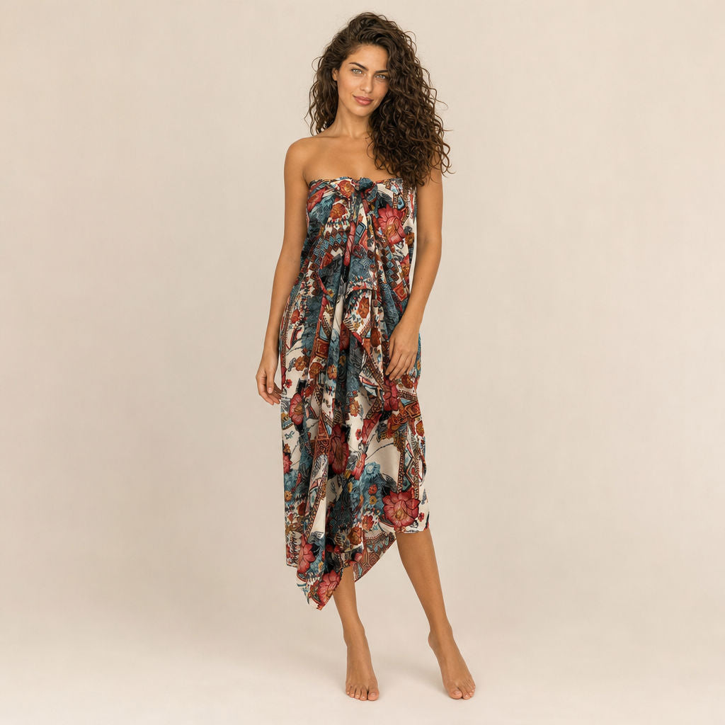 Floral Tribal Viscose Sarong Coral Tide - styled as wrap dress front view by Boho Mantra