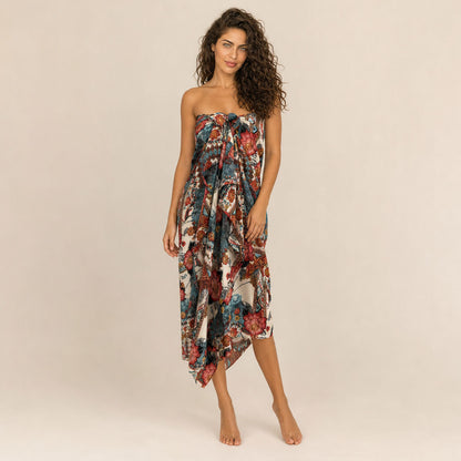 Floral Tribal Viscose Sarong Coral Tide - styled as wrap dress front view by Boho Mantra