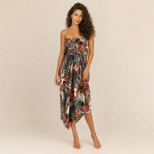 Floral Tribal Viscose Sarong Coral Tide - styled as wrap dress front view by Boho Mantra