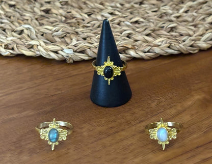 Vintage Celestial Gemstone Ring – Adjustable Boho Statement Ring
