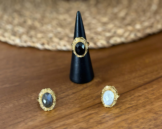Vintage Oval Gemstone Adjustable Ring – Boho Statement Ring | Gold & Silver Finish