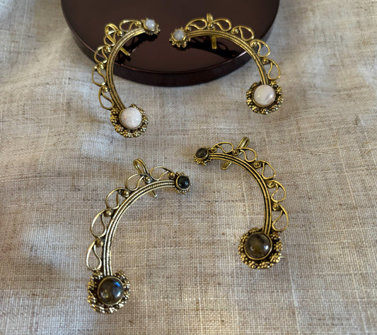 Boho Crescent Ear Cuff with Labradorite/Moonstone - Gold & Silver Ear Wrap