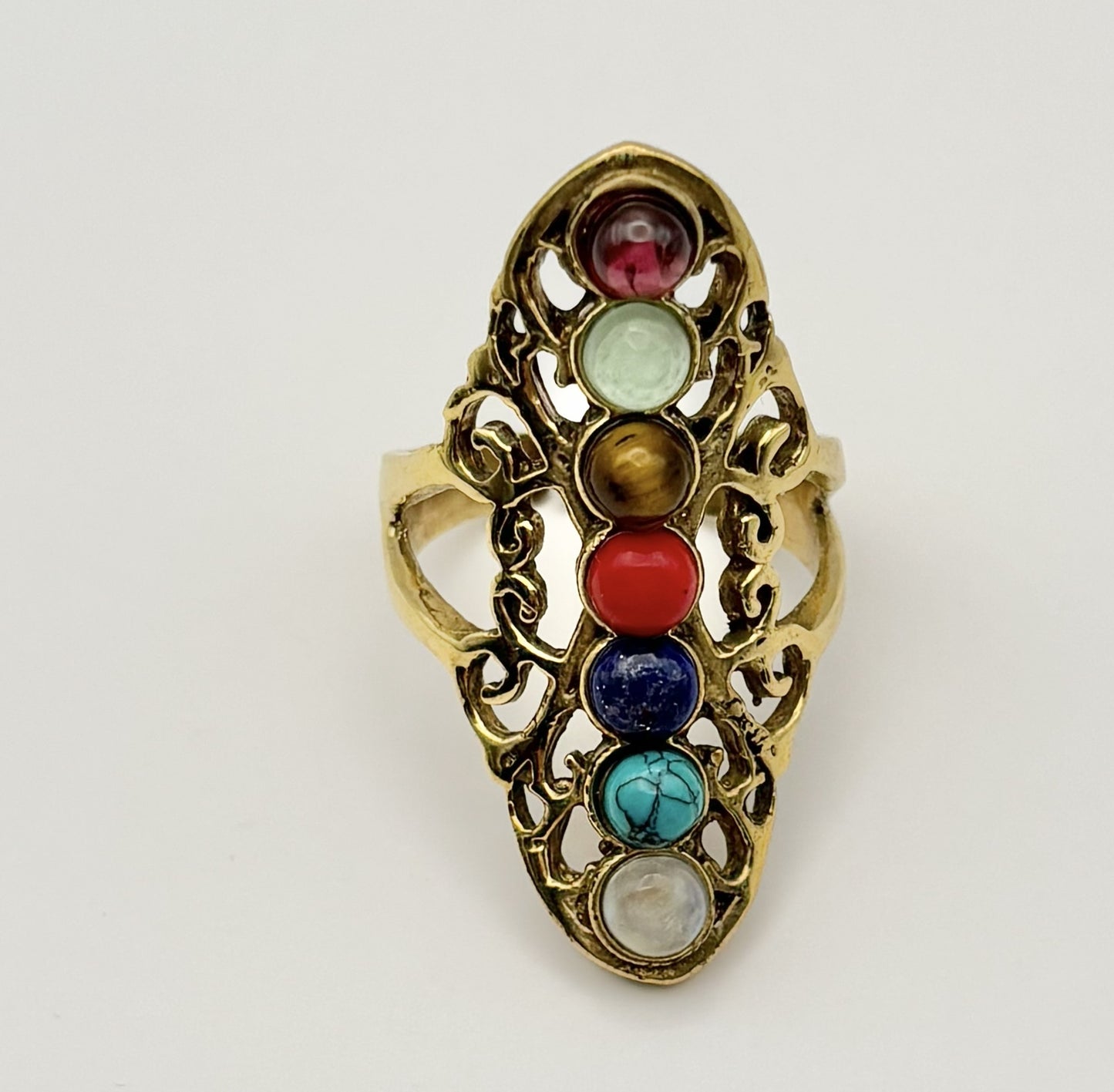 Bohemian Chakra Multi-Stone Adjustable Ring – Vintage Brass Statement Ring