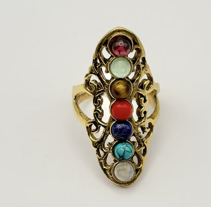 Bohemian Chakra Multi-Stone Adjustable Ring – Vintage Brass Statement Ring