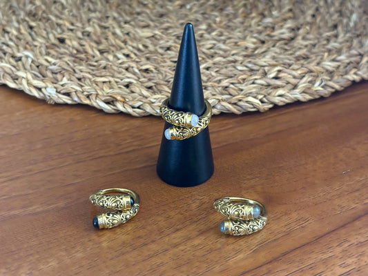 Boho Filigree Adjustable Gemstone Wrap Ring – Gold/Silver Vintage Brass Statement Ring