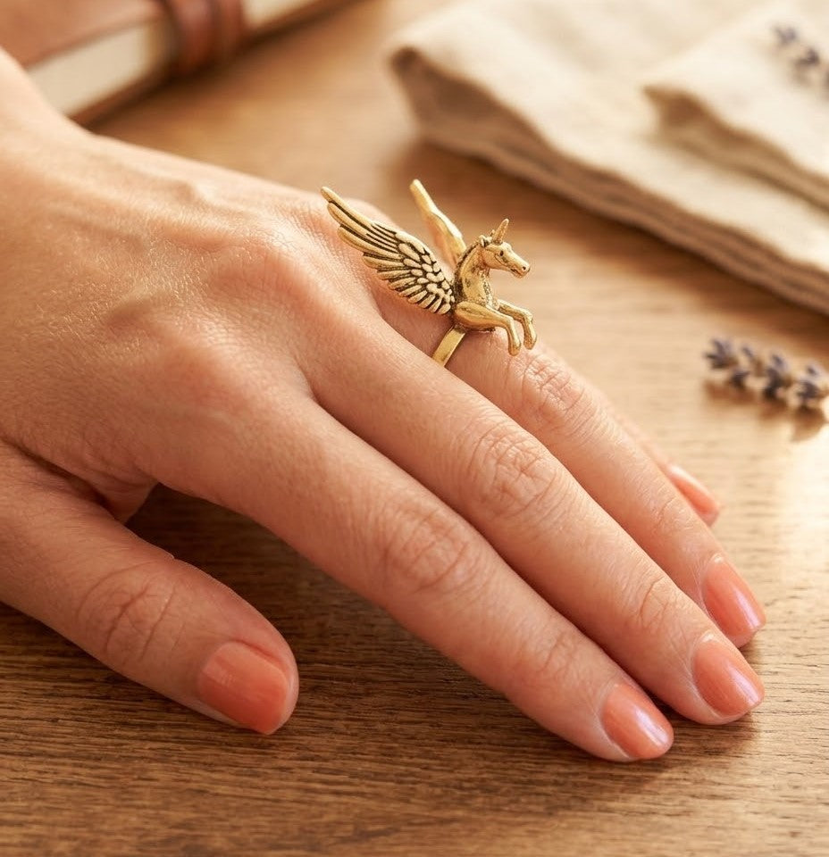 Bague Licorne Pégase en laiton doré – Bague ajustable