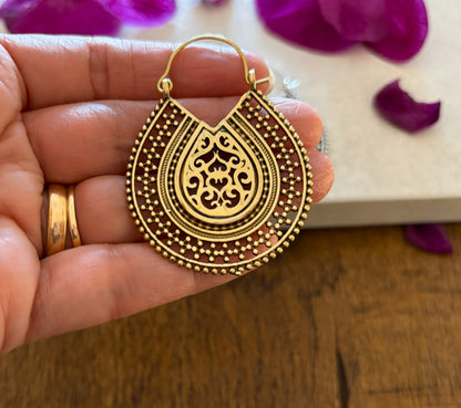 Bohemian Filigree Hoop Earrings in Gold & Silver Finish – Ethnic Statement Earrings.