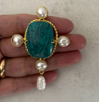 18K Gold Plated Earrings with Freshwater Pearl & Raw Stone Statement Earrings