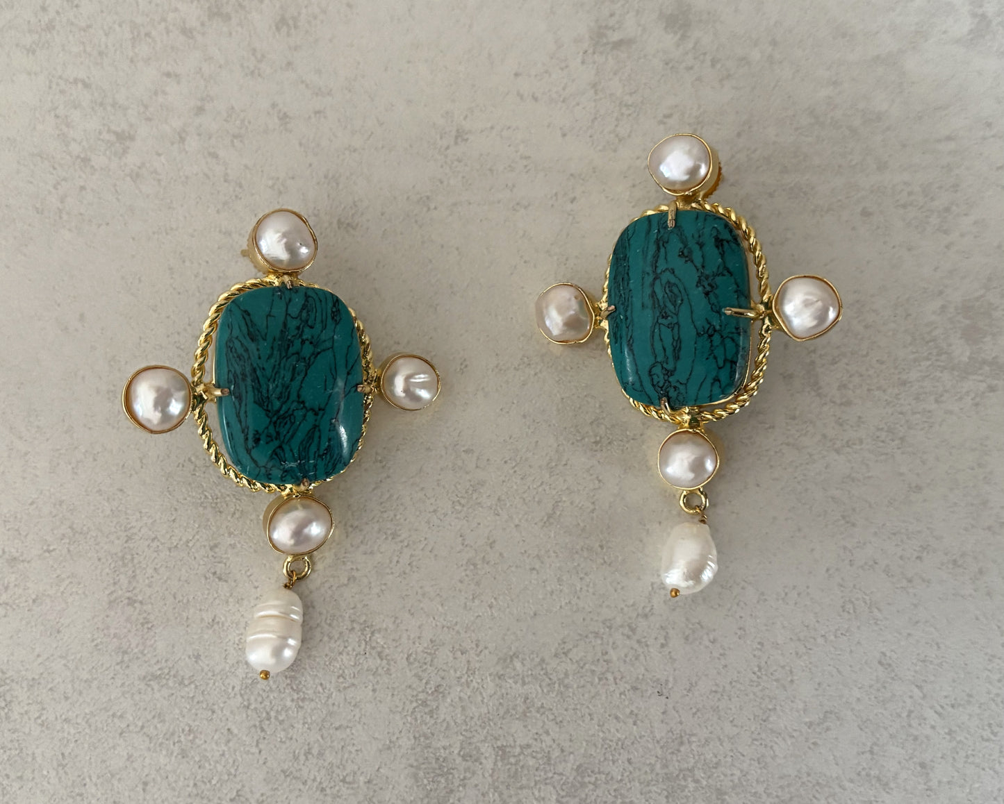 18K Gold Plated Earrings with Freshwater Pearl & Raw Stone Statement Earrings