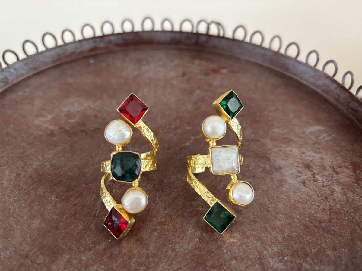 Natural Gemstone & Pearl Wrap Ring — Mughal Garden in both stone options, 18k gold-plated brass by Boho Mantra