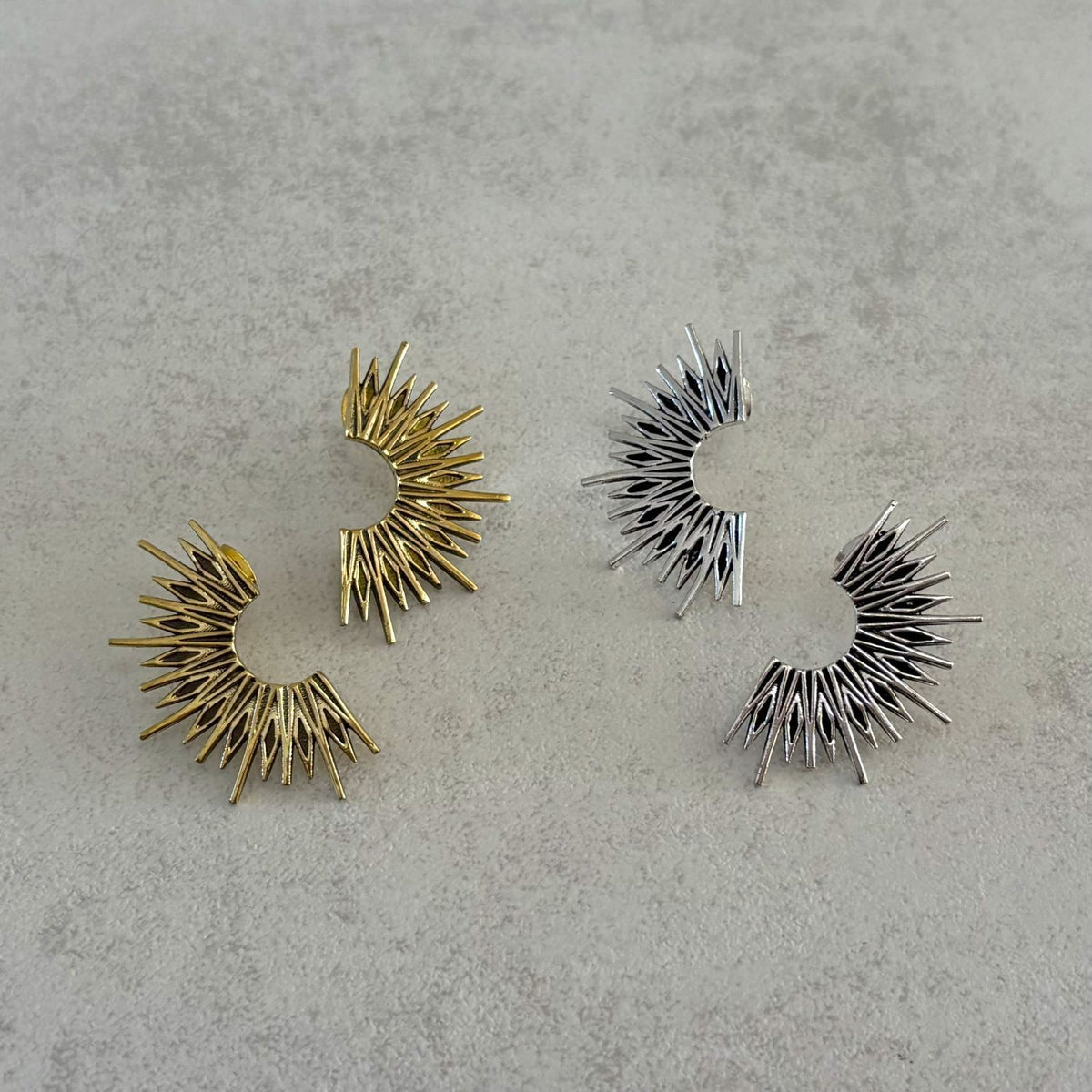Brass Sunburst Stud Earrings — Solar Flare in both colour options, golden brass and silver plated, by Boho Mantra