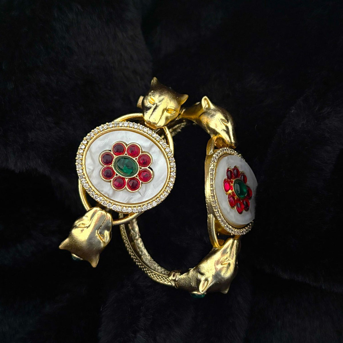 Twin Panther Brass Kada Bangle — Sherni shown as a pair, gold-polished brass by Boho Mantra