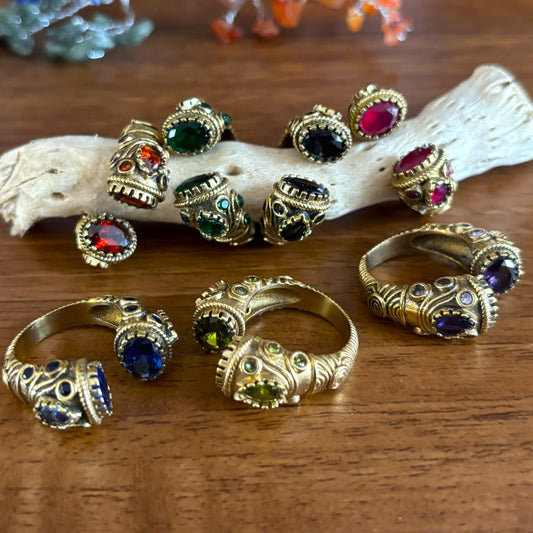 Antique Brass Adjustable Bypass Ring — Twin Crowns in all 7 colour options, antiqued brass and glass by Boho Mantra