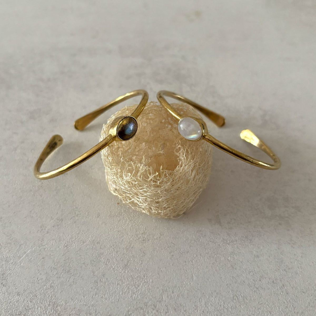 Dainty Natural Stone Cuff Bangle — First Light in both labradorite and moonstone, solid brass by Boho Mantra