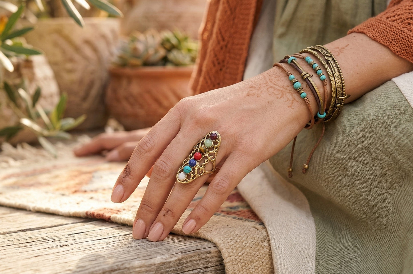 Bohemian Chakra Multi-Stone Adjustable Ring – Vintage Brass Statement Ring