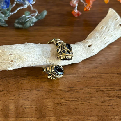 Antique Brass Adjustable Bypass Ring — Twin Crowns in Midnight Black — faceted glass crown settings