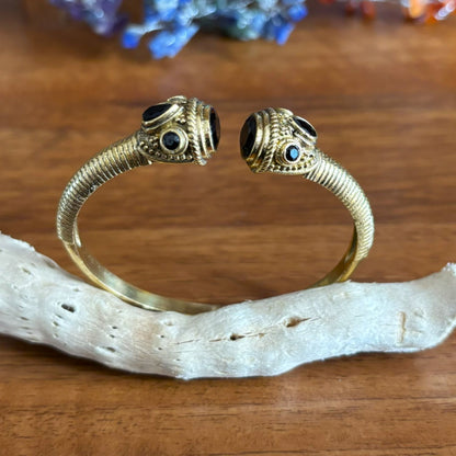Adjustable Brass Cuff Bangle — Temple Twilight in Midnight Black — faceted glass set in jewelled brass terminals