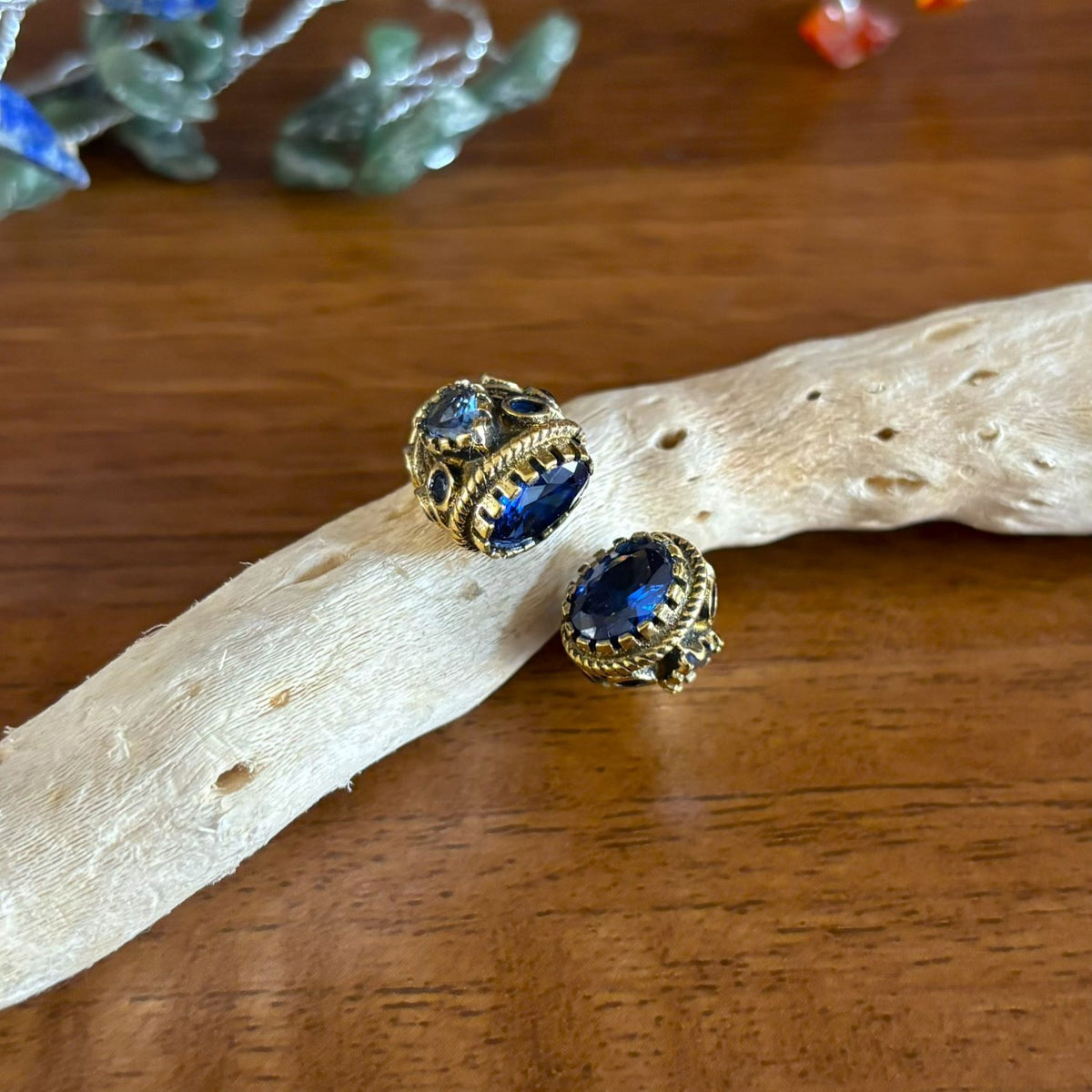 Antique Brass Adjustable Bypass Ring — Twin Crowns in Ink Blue — faceted glass crown settings