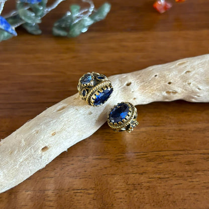 Antique Brass Adjustable Bypass Ring — Twin Crowns in Ink Blue — faceted glass crown settings