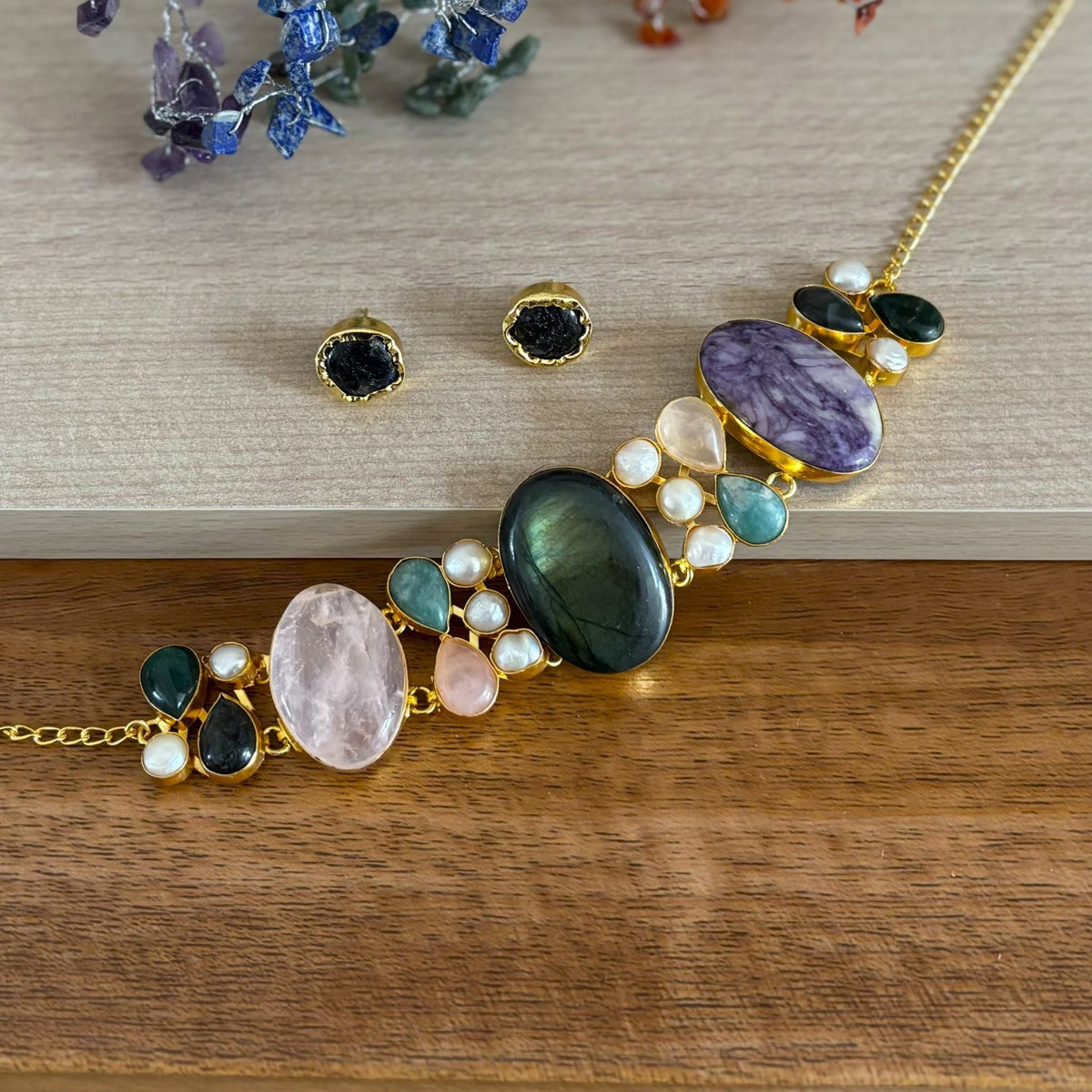 Natural Stone & Pearl Choker and Earring Set — Garden of Dusk, labradorite centre in 18k gold-plated brass by Boho Mantra