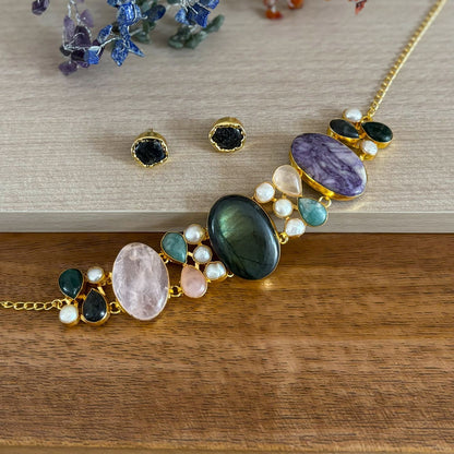 Natural Stone & Pearl Choker and Earring Set — Garden of Dusk, labradorite centre in 18k gold-plated brass by Boho Mantra