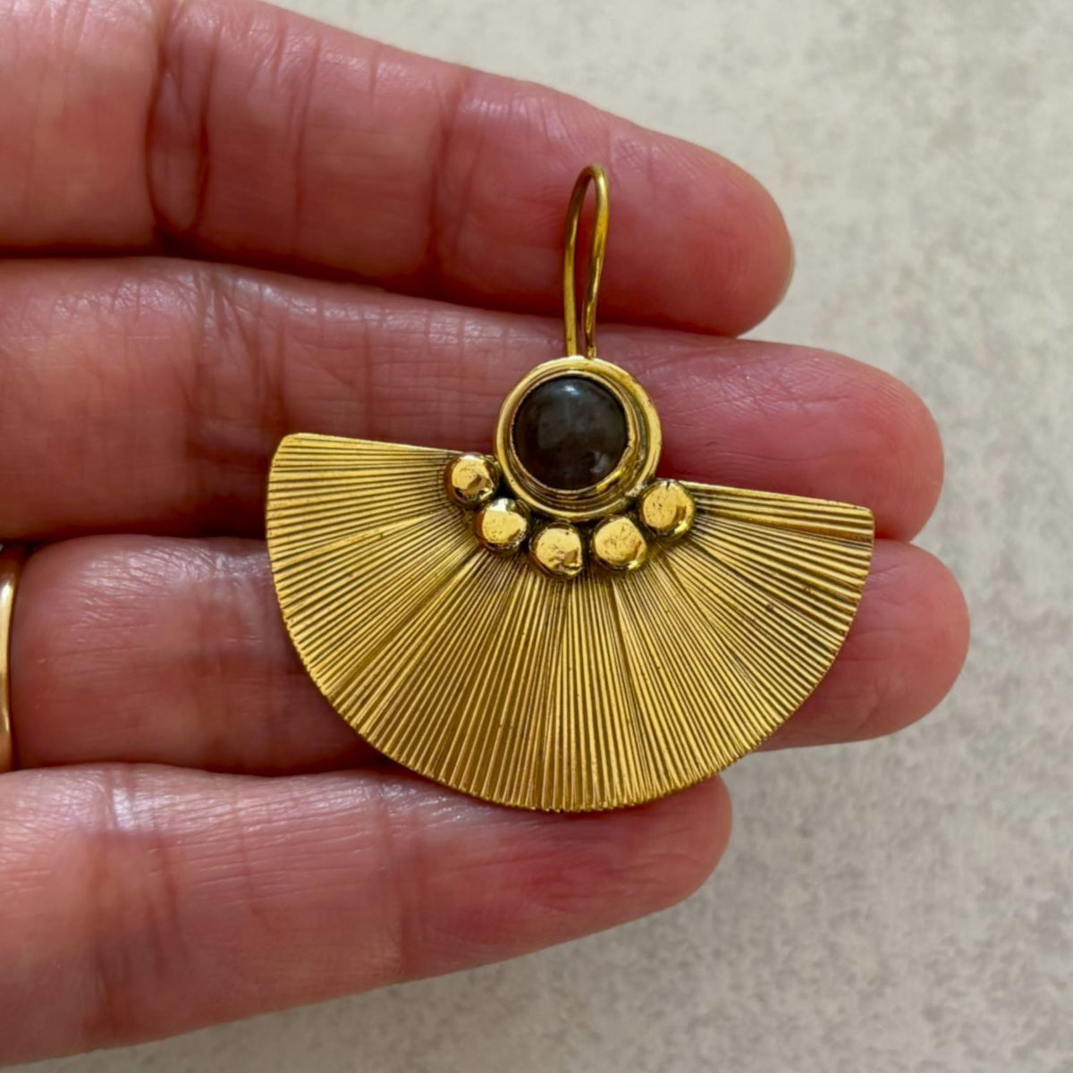 Gold-Plated Sunray Fan Earrings — Solstice with smoky labradorite cabochon and sunray-etched gold fan
