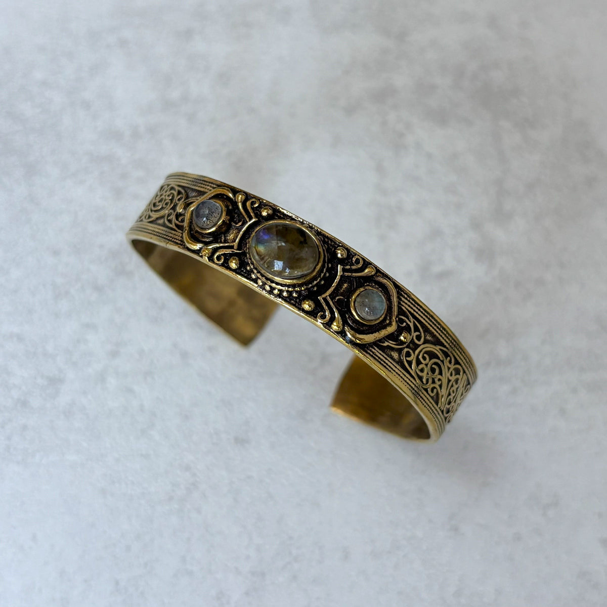 Labradorite brass cuff bangle with three natural labradorite cabochons — Aurora Moon by Boho Mantra