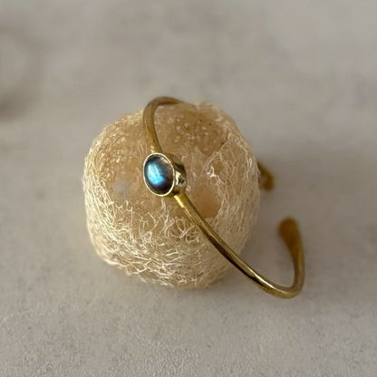 Dainty Natural Stone Cuff Bangle — First Light, labradorite with blue flash in a brass bezel