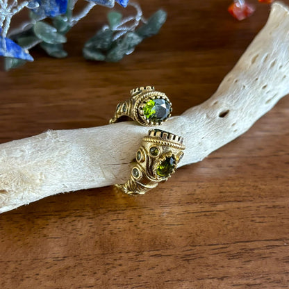 Antique Brass Adjustable Bypass Ring — Twin Crowns in Olive Green — faceted glass crown settings