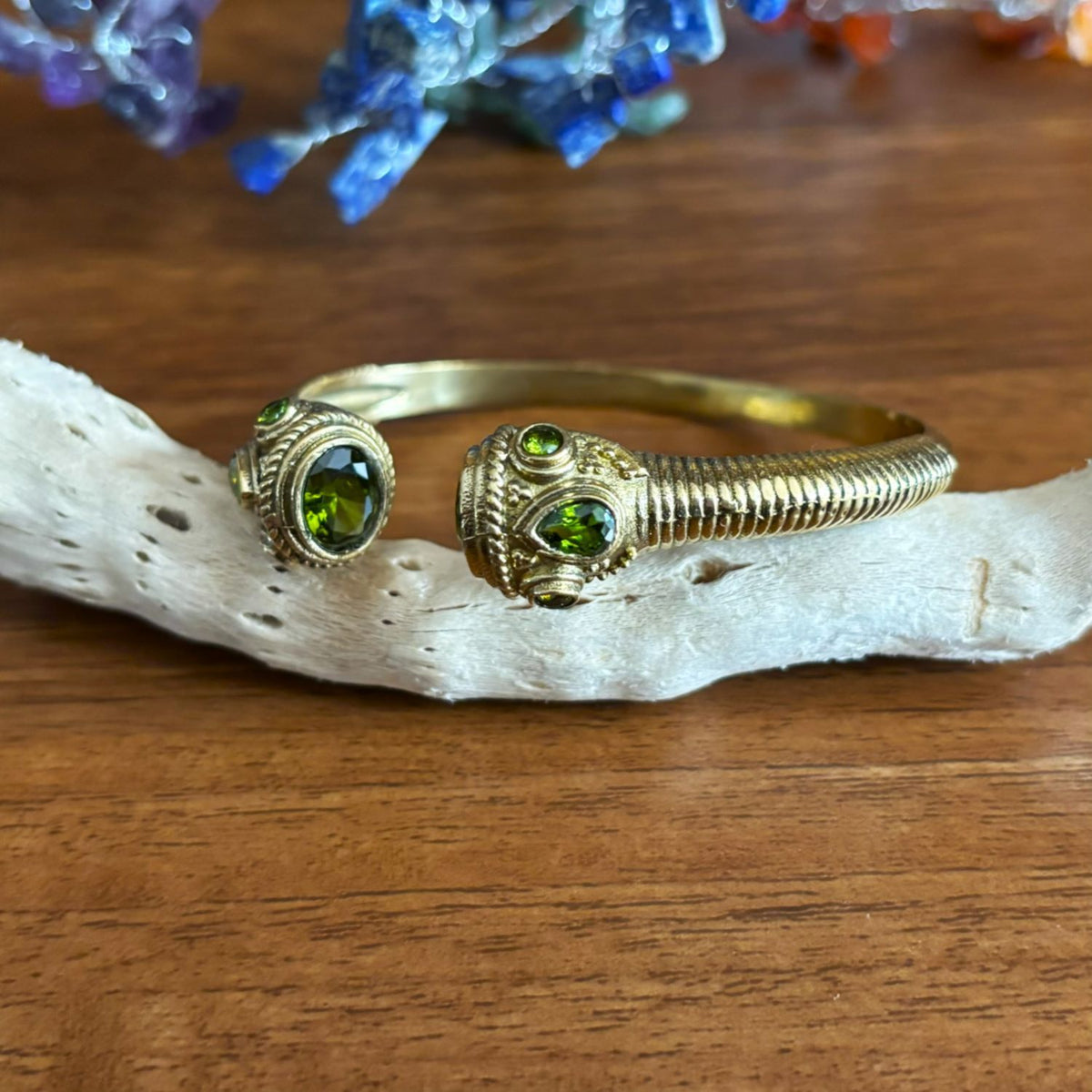 Adjustable Brass Cuff Bangle — Temple Twilight in Olive Green — faceted glass set in jewelled brass terminals
